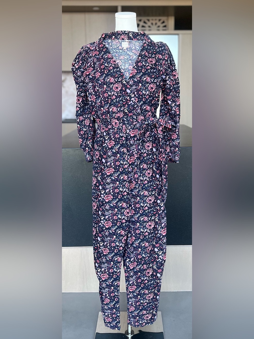 La Vie Rebecca Taylor Floral Long-Sleeve Jumpsuit - Navy with Pink Floral